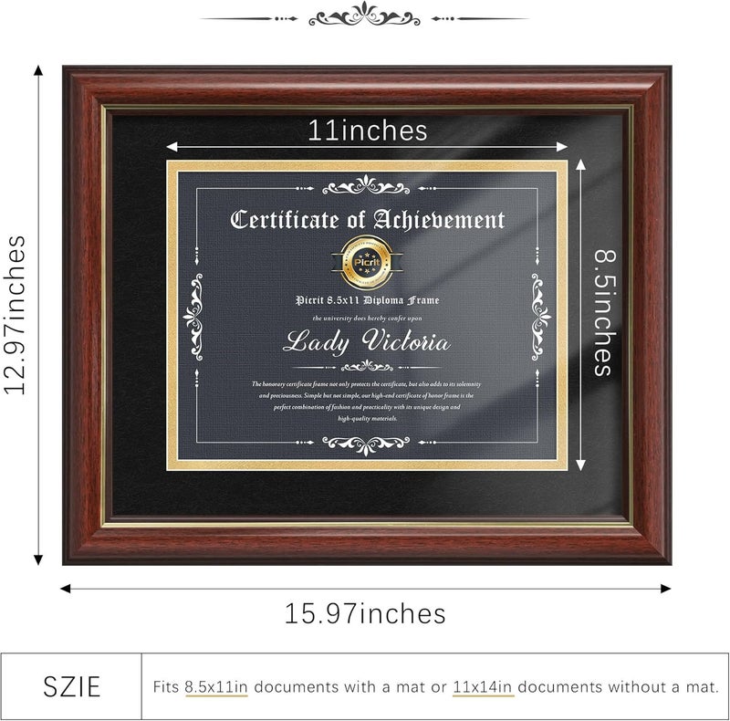 Picrit 11x14 Mahogany Diploma Frame with Tempered Glass, Display 8.5x11 Certificate with Black over Gold Mat, Degree Document Frame with Gold Rim for Wall and Tabletop, 1 Pack - Image 4